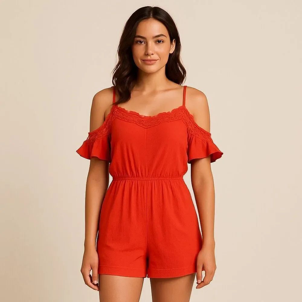 Flying Tomato Solid Orange Rust Lacy Romper Sleeves Spaghetti Strap Cotton M